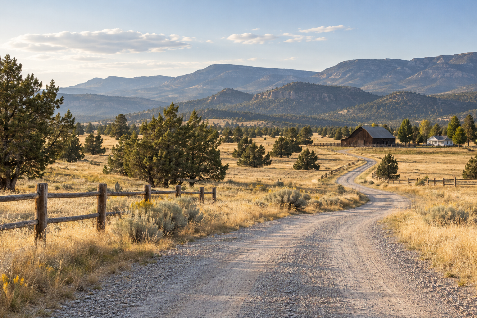 Illustrative Central Oregon ranch acreage, juniper trees, and a country drive