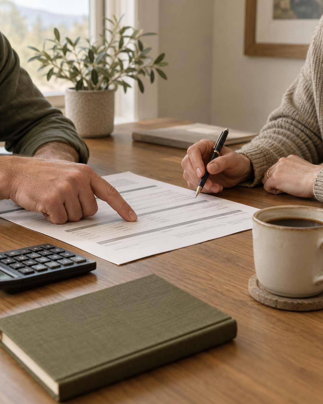 Illustrative lending conversation with loan documents, a pen, and a calculator